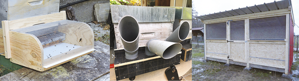 Exemple de dispositifs pour la protection des ruchers : (A) muselière grillagée, (B) muselière tube, (C) cabane grillagée - (A) (©Actu api 70 - page 6), (B) ©<span class="caps">AAVO</span>, (C) (©Actu Api 70 - page 7)
