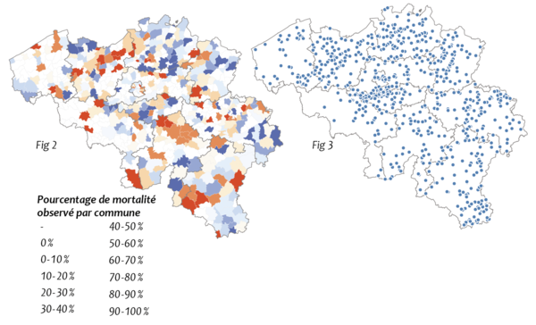 Fig 2 : Représentation des mortalités estimées par commune. Les pertes de colonies sont regroupées par décilles Fig 3 : Localisation des ruchers dans lesquels des observations ont été réalisées.